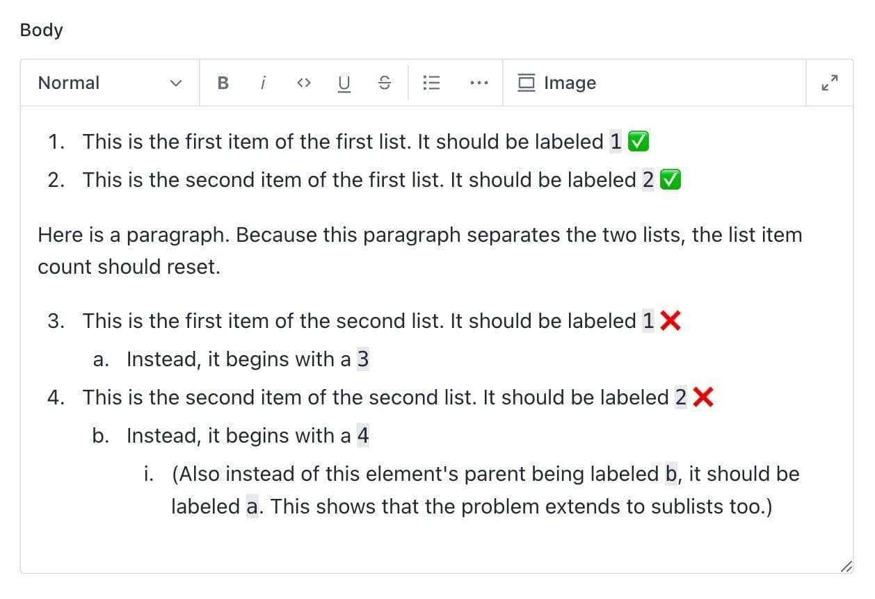 numbered lists not working properly in Sanity, before version 3.53.0