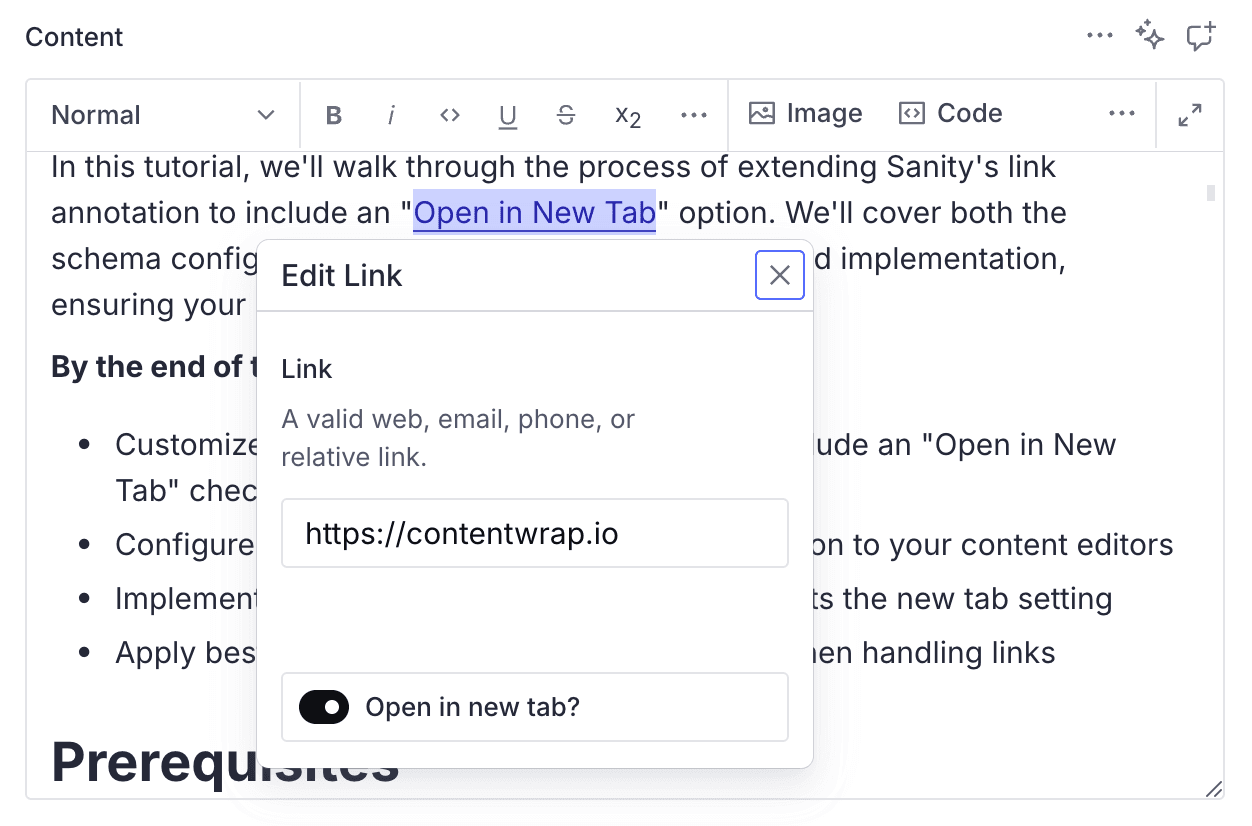 Sanity block link dialog with "open in new tab" option