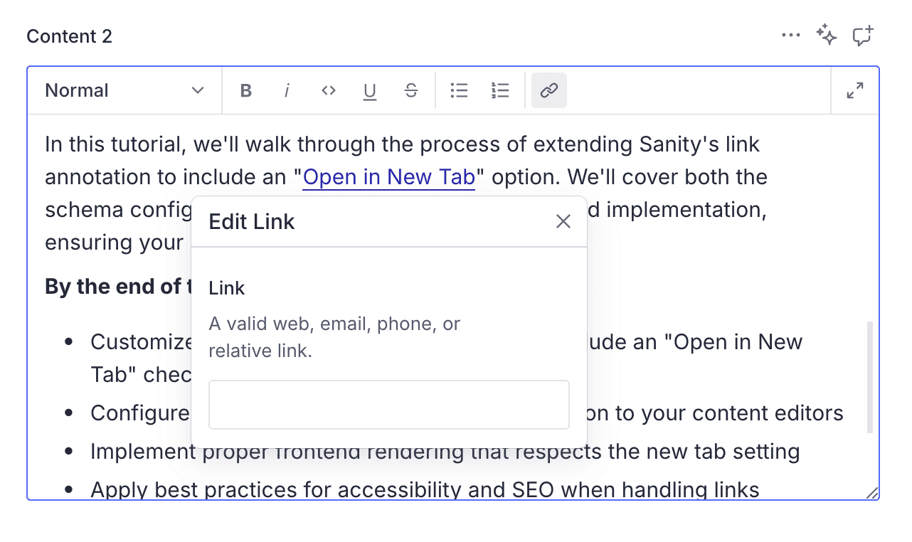 standard link dialog in Sanity CMS